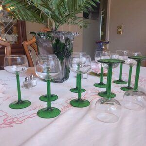 Set of 11 vintage green stem Luminarc wine Rhine hock glasses made in France